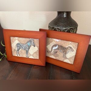 🦓 Set of 2 Safari Animal Framed Wall Art – Zebra & Leopard – Wood Frames 10x8